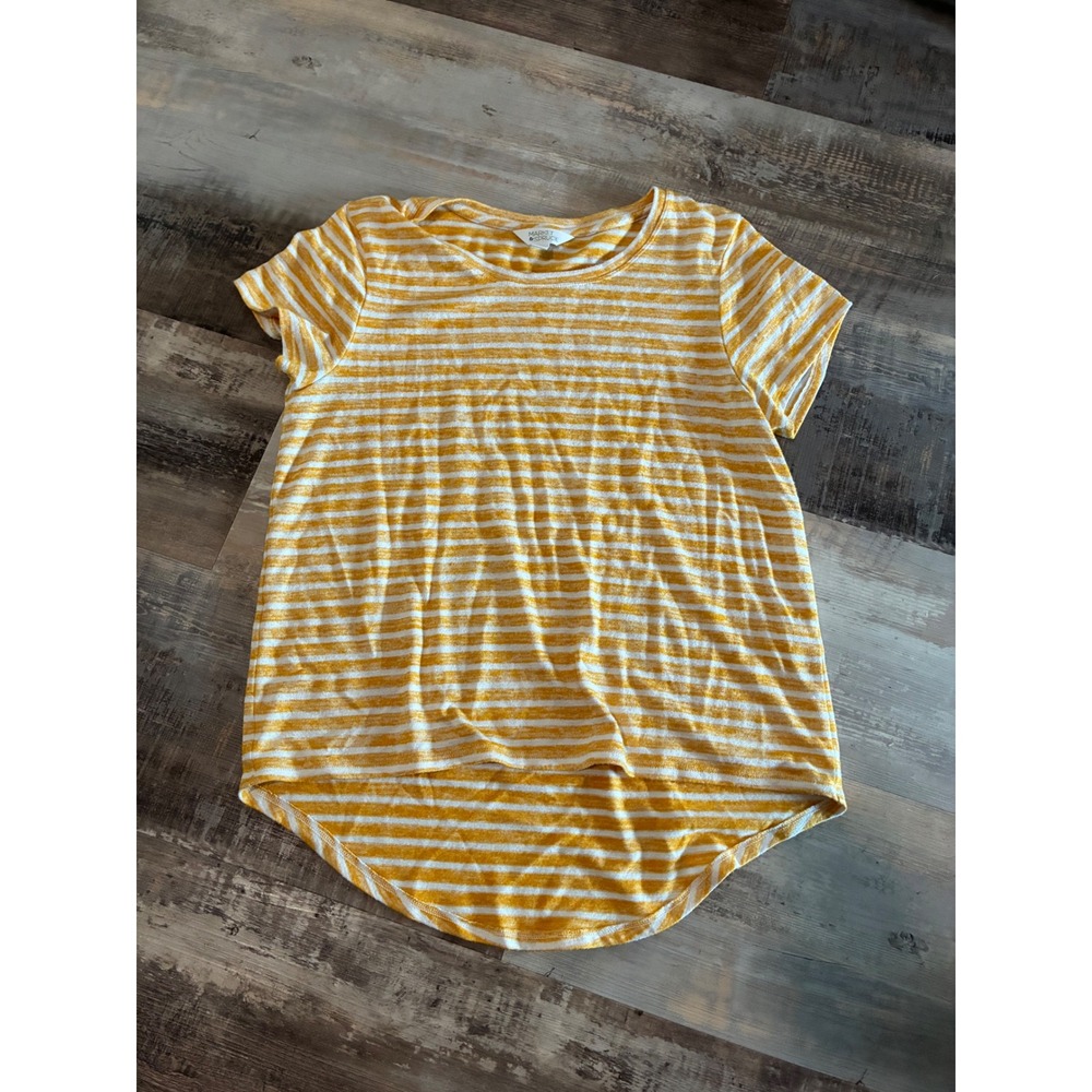Market & Spruce Womens Yellow White Striped High-Low Short Sleeve Tee Shirt L - Picture 1 of 4